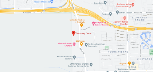 Map showing the location of The Ashley Castle near major roads and nearby businesses in Chandler, Arizona.