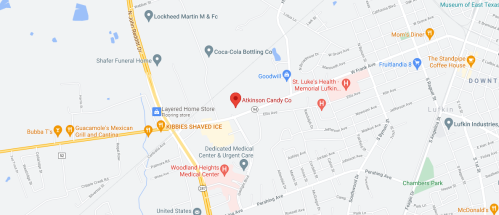 Map showing a section of Lufkin, Texas, highlighting Atkinson Candy Co and nearby landmarks.