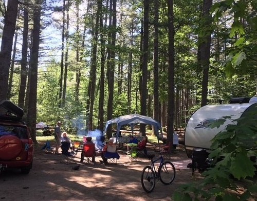A campsite in a forest with people sitting around a fire, a tent, and an RV, surrounded by trees.