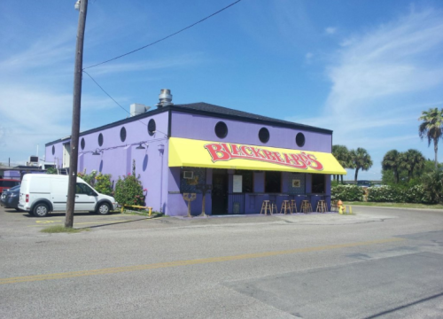 A vibrant purple building with a yellow awning, labeled "Blackbeard's," surrounded by palm trees and a clear blue sky.