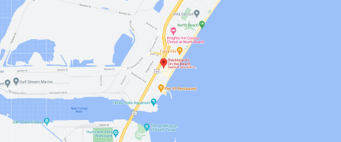 Map showing the area around North Beach in Corpus Christi, Texas, highlighting local restaurants and attractions.