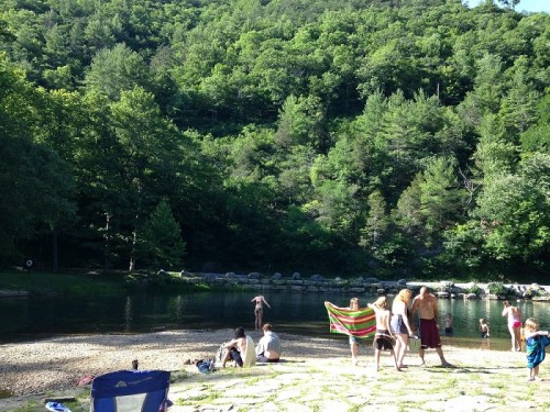 People enjoying a sunny day by a river, surrounded by lush green trees and rocky shores.