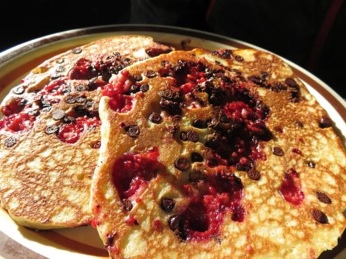 Two golden pancakes topped with chocolate chips and red fruit, served on a plate.