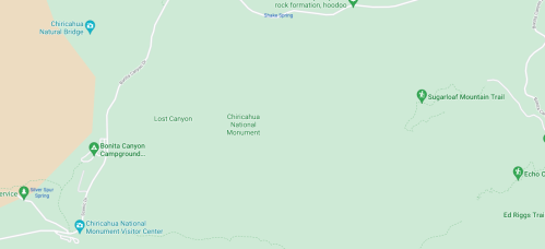 Map showing the Chiricahua National Monument area, including trails, campgrounds, and natural features.
