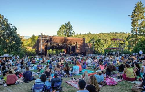 A large crowd sits on the grass, enjoying a concert at an outdoor venue surrounded by trees and blue skies.
