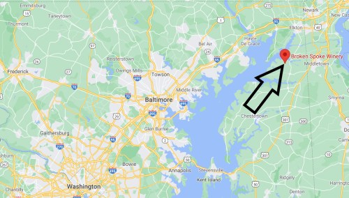 Map highlighting the location of Broken Spoke Winery near Middletown, Maryland, northeast of Baltimore.
