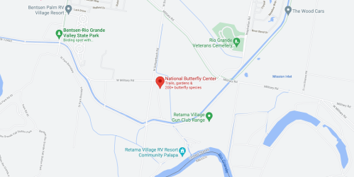 Map showing the location of the National Butterfly Center near Mission, Texas, with nearby landmarks and roads.