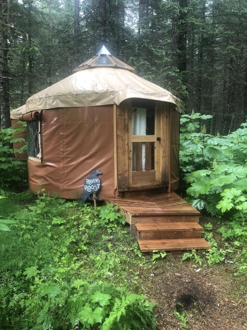 A cozy yurt with a wooden door and steps, surrounded by lush greenery in a forested area.