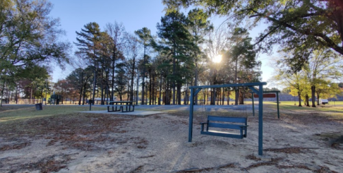 A park scene with a swing set, picnic tables, and tall trees, illuminated by sunlight in the background.