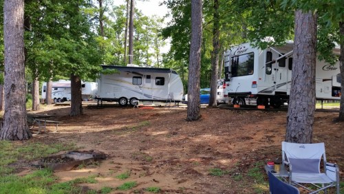 Two RVs parked among tall trees in a campsite, with a fire pit and a camping chair nearby.