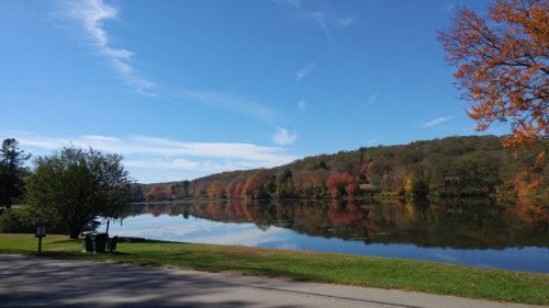 A serene lake reflects colorful autumn trees under a clear blue sky, with a grassy shore in the foreground.