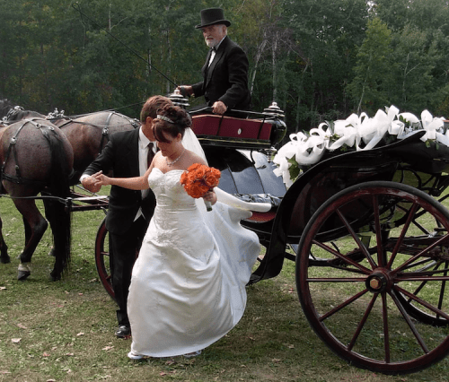 A bride in a white gown and groom holding hands, with a horse-drawn carriage and a driver in a top hat nearby.
