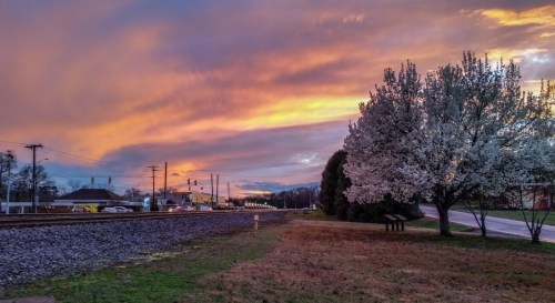 A vibrant sunset with colorful clouds over a train track, framed by blooming trees and grassy fields.