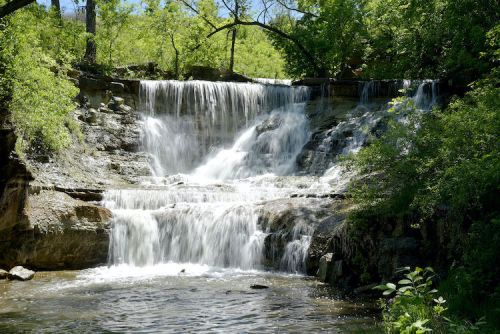A serene waterfall cascading over rocks, surrounded by lush green trees and a clear blue sky.