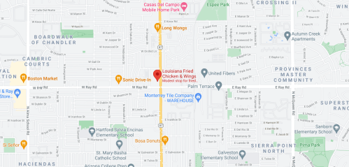 Map showing the location of Louisiana Fried Chicken & Wings, near various parks and schools in Chandler, Arizona.