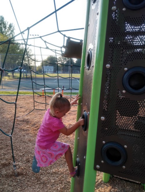 A young girl in a pink dress climbs a green playground structure on a sunny day.
