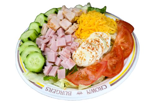 A colorful salad plate with lettuce, cucumbers, tomatoes, ham, turkey, cheese, and sliced hard-boiled eggs.