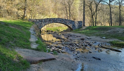 A stone arch bridge over a shallow stream, surrounded by trees and grassy banks in a serene natural setting.