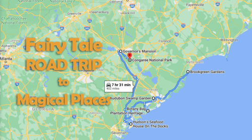 Map showing a route for a "Fairy Tale Road Trip" to various magical places, including Congaree National Park.