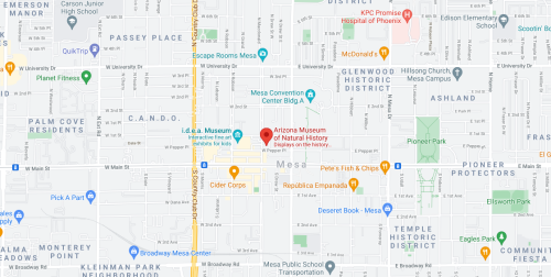 Map showing the location of the Arizona Museum of Natural History in Mesa, Arizona, with nearby landmarks and streets.