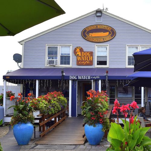 A charming café with a blue exterior, vibrant flowers, and a sign reading "Dog Watch Café" in a coastal setting.