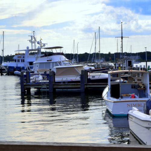 Boats docked at a marina with calm water and a cloudy sky in the background.