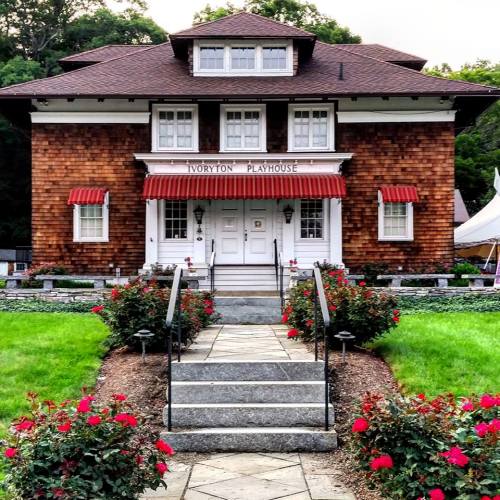 A charming wooden playhouse with a sloped roof, red awnings, and surrounded by blooming rose bushes and a stone pathway.