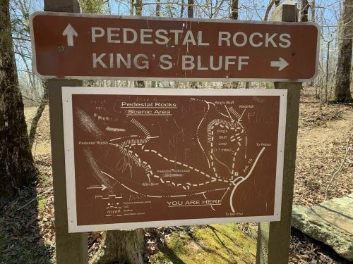 Signpost indicating directions to Pedestal Rocks and King's Bluff, with a map of the scenic area and trails.