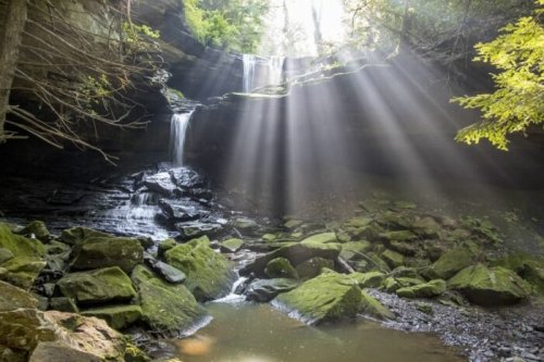 A serene waterfall cascades over rocks, with sunlight streaming through trees, illuminating the lush green surroundings.