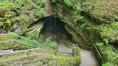 A winding staircase leads down into a lush, green cave entrance with a small waterfall.