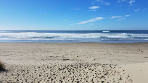 A serene beach scene with gentle waves, a clear blue sky, and footprints in the sandy foreground.