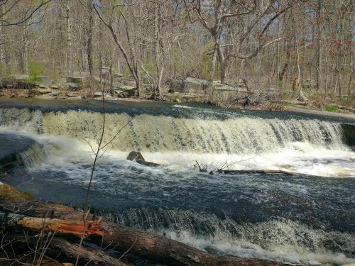 A serene waterfall cascades over rocks in a wooded area, surrounded by bare trees and flowing water.