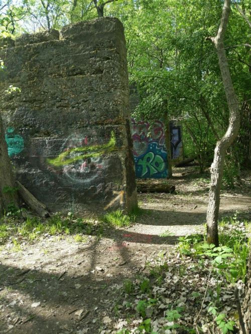 A path through a wooded area with stone ruins and colorful graffiti on the walls, surrounded by greenery.