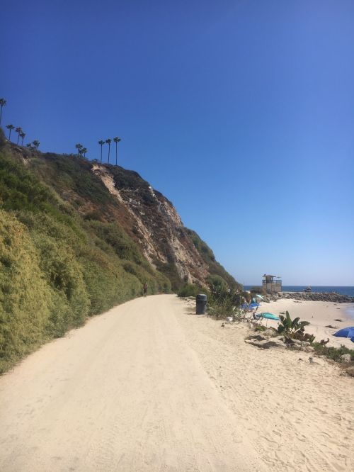 A sandy path along a beach with cliffs and palm trees under a clear blue sky. Beach umbrellas are visible in the sand.