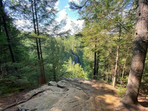 A rocky overlook surrounded by trees, revealing a lush green valley and distant waterfall under a blue sky.