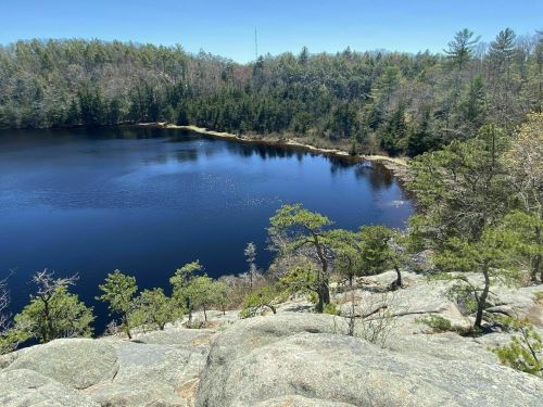 A serene lake surrounded by trees, viewed from a rocky overlook under a clear blue sky.