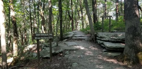 A wooded trail with a sign for the Green River Bluff Trail, surrounded by trees and rocky terrain.