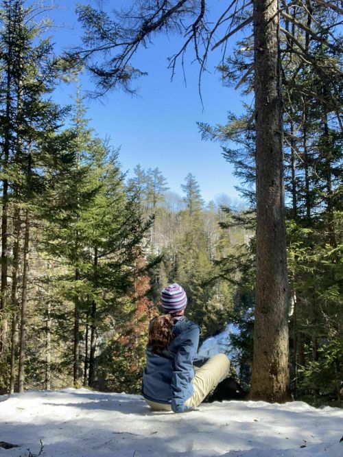 A person sits on a snowy ledge, surrounded by tall trees, gazing at a clear blue sky and distant forested hills.