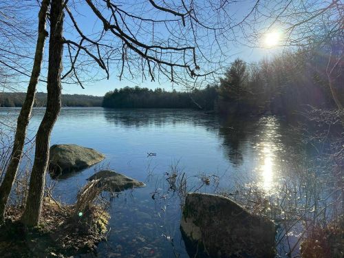 A serene lake scene with sunlight reflecting on the water, surrounded by trees and rocks.