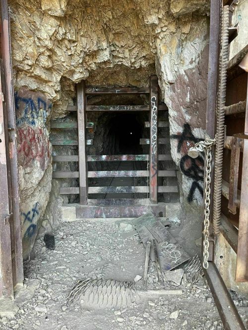 An entrance to a dark, graffiti-covered mine tunnel, with metal gates and rocky surroundings.