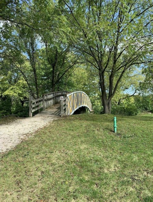 A wooden bridge with a yellow railing spans a small path, surrounded by lush green trees and grass.