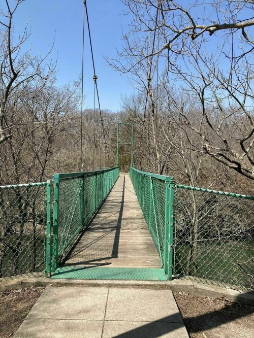 A green suspension bridge stretches over a river, surrounded by bare trees under a clear blue sky.