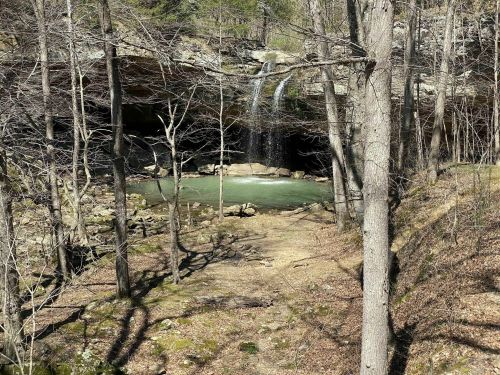 A serene forest scene featuring a waterfall cascading into a turquoise pool, surrounded by bare trees and rocky terrain.
