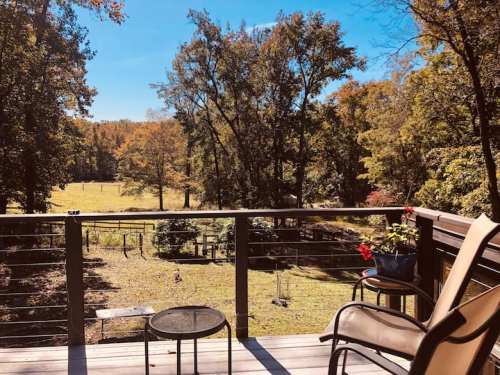 A serene view from a deck overlooking a green field and trees under a clear blue sky, with a chair and small table.