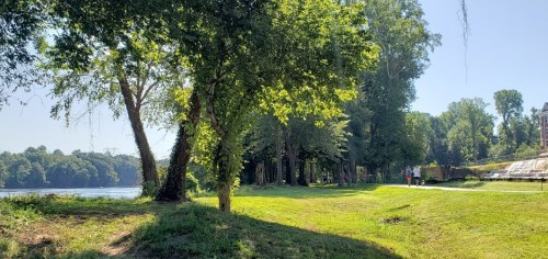 A serene riverside scene with lush green trees and a grassy area, under a clear blue sky.