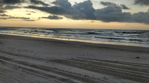 A serene beach at sunset, with gentle waves, clouds in the sky, and footprints in the sand.