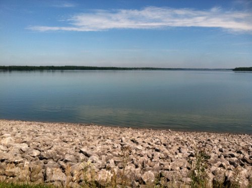 A calm lake with a rocky shoreline under a clear blue sky and distant trees on the horizon.
