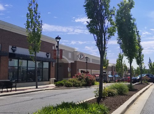 A sunny street view of a shopping plaza with trees, benches, and storefronts under a blue sky.