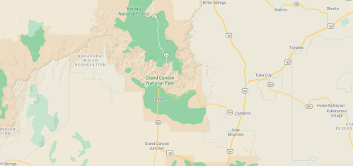 Map showing the location of Grand Canyon National Park and surrounding areas, including highways and nearby landmarks.