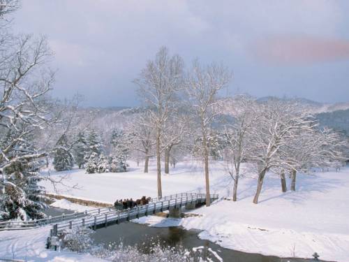 A snowy landscape with bare trees, a bridge over a stream, and distant mountains under a cloudy sky.